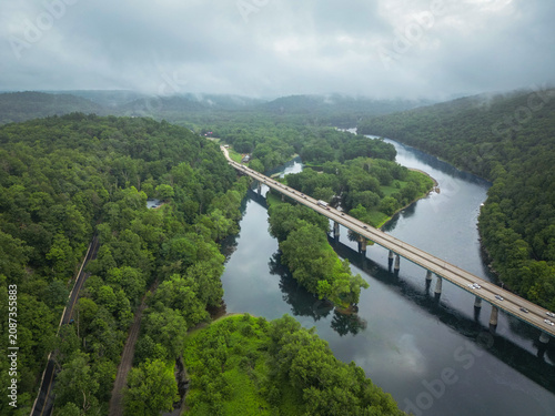 Aerial view of Delaware Water Gap recreational area with river, mountains and interstate