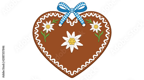 Decorative brown gingerbread heart vector illustration featuring white edelweiss flowers and a blue checkered ribbon