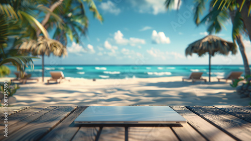 Laptop on wooden table against blurred tropical beach backdrop. Remote work and vacation concept