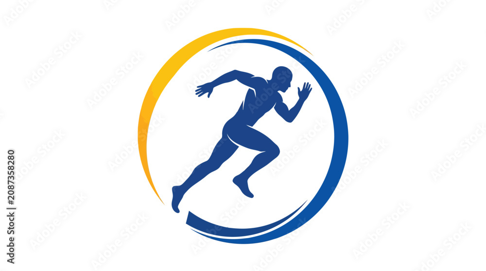 Fototapeta premium Blue running athlete silhouette inside a circular yellow and blue abstract vector graphic design element