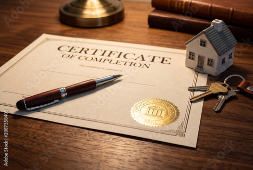 Certificate of Completion with House Model and Keys on Desk