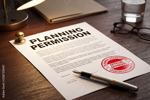 Planning Permission document with official approval stamp on wooden desk