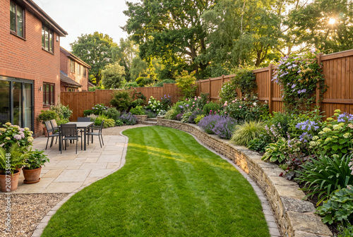 Modern Landscaped Garden with Stone Patio and Flower Borders