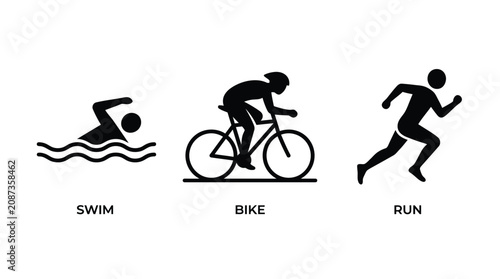 Minimalist black vector illustration showing three athletic symbols for swimming biking and running sports activities