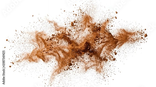 Explosion of Brown Powder and Soil Particles Isolated on White Background with Dynamic Motion and High Contrast Detail