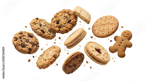 Assorted Delicious Cookies Falling in the Air with Crumbs Isolated on White Background Featuring Chocolate Chip and Jam
