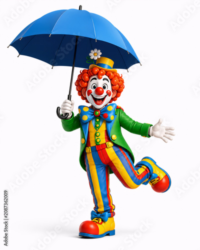 Cheerful cartoon clown holding a large blue umbrella while smiling in a playful pose. Colorful 3D character illustration with vibrant circus costume, oversized shoes, and whimsical expression.