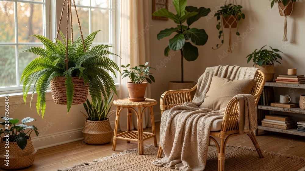 Fototapeta premium Artificial hanging fern basket near armchair adds lush greenery to sunlit boho home