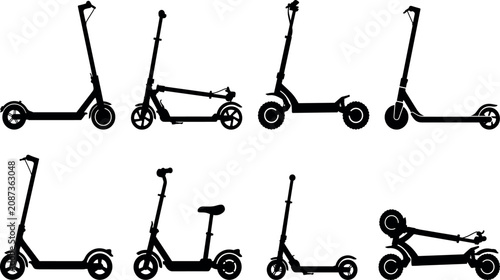 Professional collection of electric and kick scooter silhouettes for urban transportation and eco friendly personal mobility conceptsProfessional collection of electric and kick scooter silhouettes