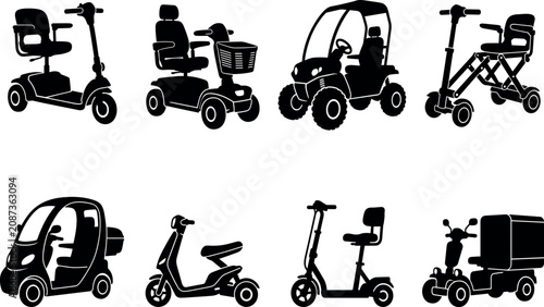 Set of electric mobility scooter silhouettes for disabled and elderly people transportation and personal accessibility iconsSet of electric mobility scooter silhouettes for disabled and elderly  