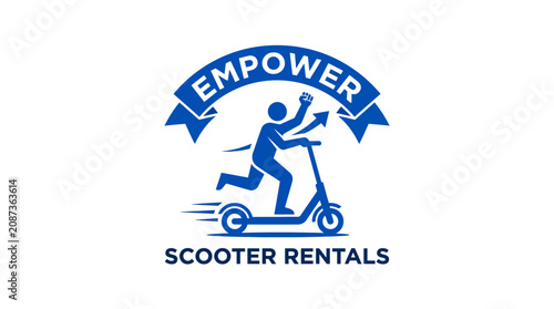 Konstfotografi Empower scooter rentals logo with rider and upward arrow.