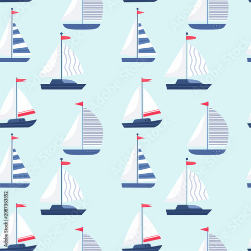 Flat blue and white sailboat seamless pattern background.