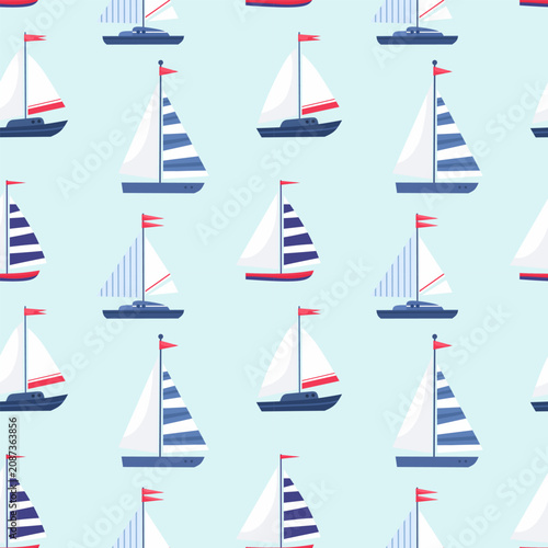 Flat blue and white sailboat seamless pattern background.