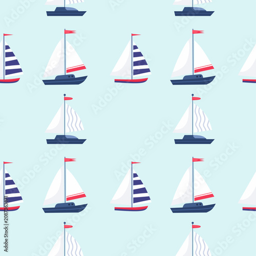 Flat blue and white sailboat seamless pattern background.
