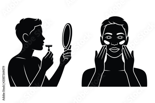 Male silhouettes applying facial skincare and shaving with a razor in front