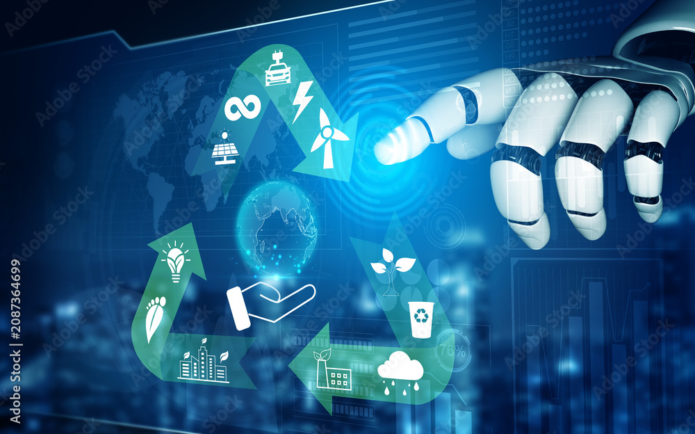 Naklejka premium Futuristic Robotic Hand Interacting with Sustainable Technology and Eco-Friendly Icons Representing Renewable Energy and Recycling Concepts Quark.