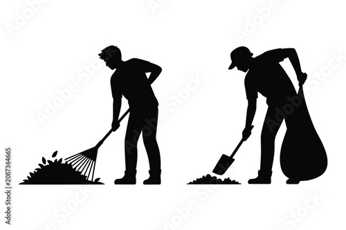 Silhouette icons of person raking fallen leaves and shoveling yard waste into bag