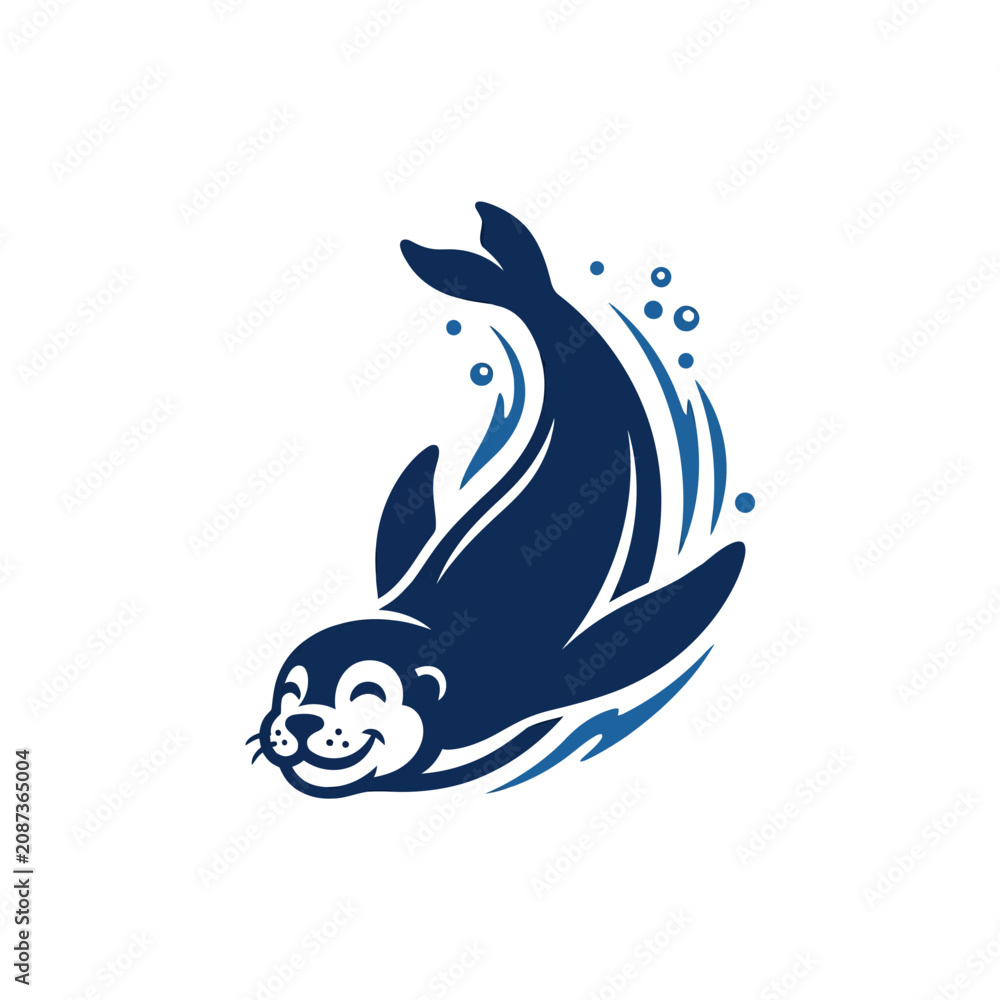 Fototapeta premium Seal swimming through water bubbles vector logo illustration.