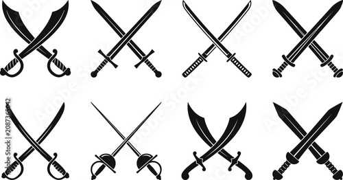 Obraz na płótnie Collection of various crossed sword including scimitars, broadswords, and rapier