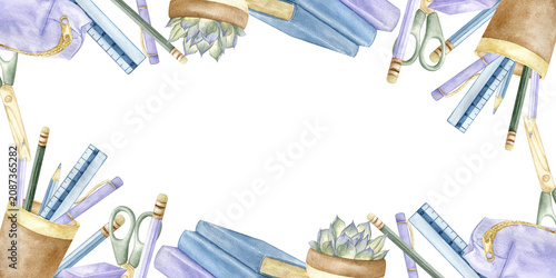 Watercolor frame back to school with stationery, books and succulents. Hand drawn decorative template with copy space for invitations, school posters, greeting cards and educational designs.