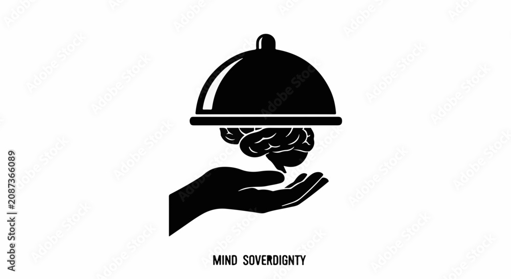 Fototapeta premium Hand holding a covered dish with a brain inside, symbolizing intellectual nourishment and ideas.