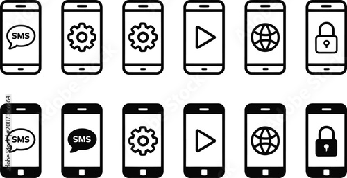Mobile phone icons for communication settings media security and more