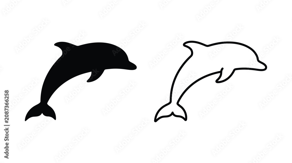 Naklejka premium Dolphin Silhouette And Outline On White Background
