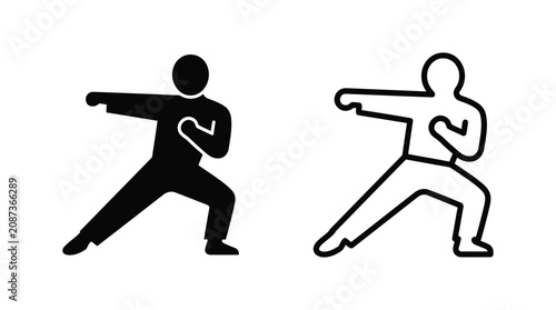 Martial artist silhouette and line drawing on white background