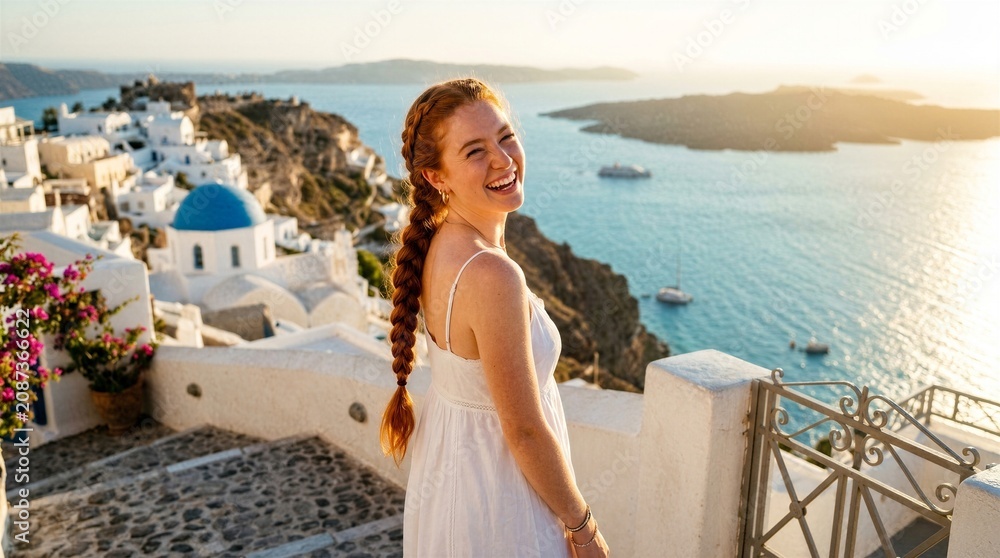 Obraz premium Redheaded woman in white dress smiling on balcony overlooking seaside village. Travel vacation in Greece. Happy tourist enjoying summer sunset in Mediterranean destination. European trip.