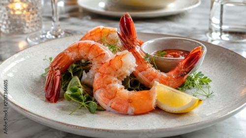 Elegant shrimp appetizer with lemon in a refined restaurant