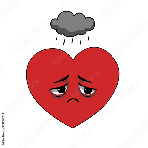 Sad Depressed Anxious Heart Sticker.Cute sad heart sticker with a tired, exhausted and depressed facial expression. Simple hand-drawn cartoon illustration expressing emotional burnout, sadness, stress