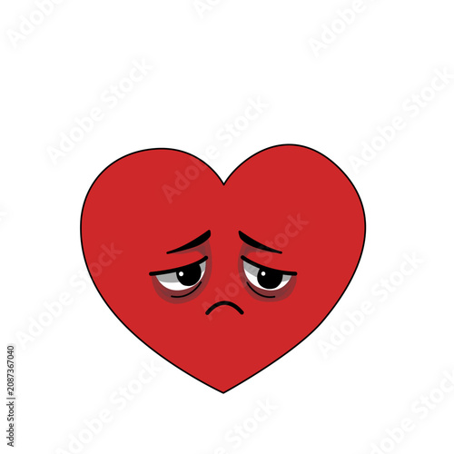 Sad Depressed Anxious Heart Sticker.Cute sad heart sticker with a tired, exhausted and depressed facial expression. Simple hand-drawn cartoon illustration expressing emotional burnout, sadness, stress