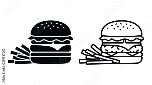 Fotografie Burger And French Fries Vector Illustration Black And White Outline