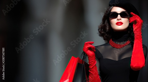 Glamorous woman with red gloves and shopping bags, luxury fashion concept