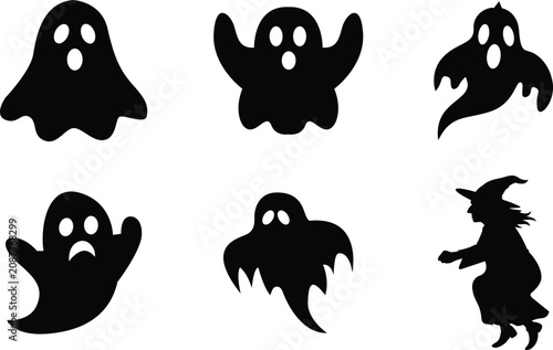 Halloween ghost and witch silhouette icons