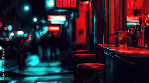 Nightlife, city street bar, red neon lights, blurry background, urban scene