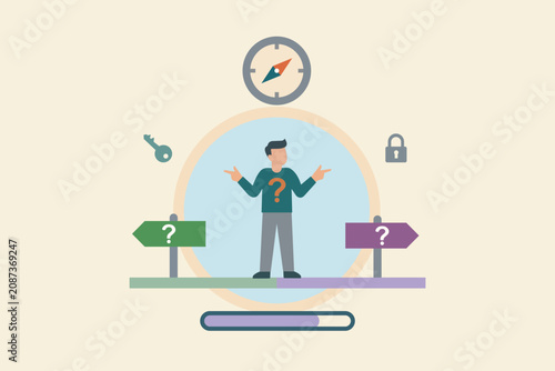 Confused Person Facing Choice And Direction Concept With Compass Signs And Question Marks