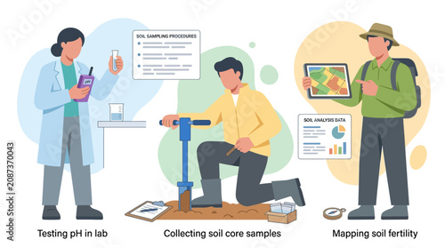 Fotografía Scientists study soil: lab testing, core sampling, fertility mapping in agricult