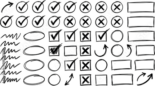 Hand drawn checkmarks and checkbox icons set