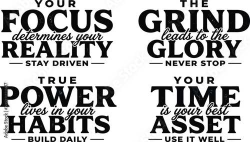 Konstfotografi Motivational quotes set featuring bold typography about focus, grind, power, and