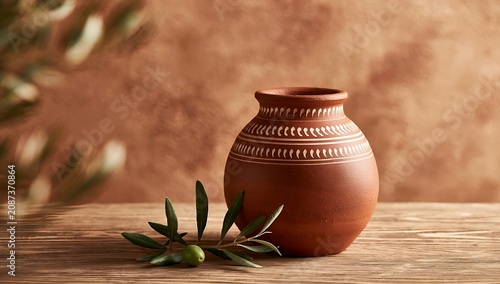 Rustic Terracotta Pot with Olive Branch on Wooden Table.
