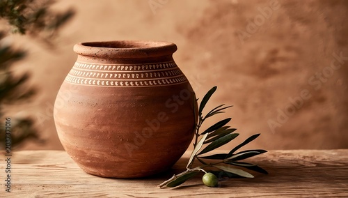 Ancient Terracotta Amphora with Olive Branch on Rustic Wooden Surface.