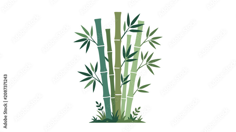 Fototapeta premium Oriental Green Bamboo Stalks and Leaves in Flat Illustration Style for Zen Nature and Spa Themes