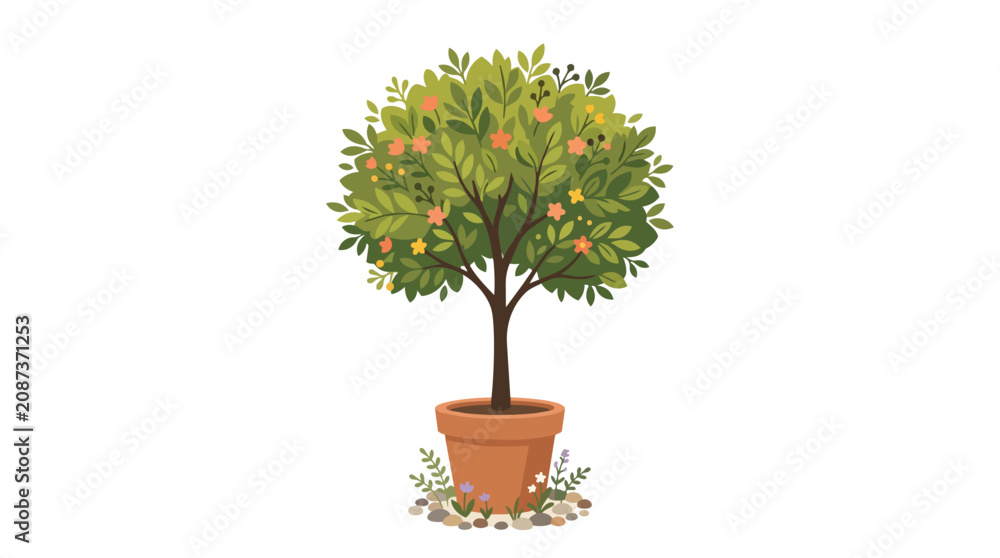Naklejka premium Beautiful Potted Orange Citrus Fruit Tree in Terracotta Clay Pot with Greenery and Garden Stones Illustration