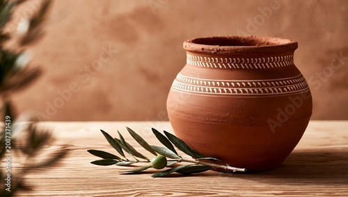Ancient Terracotta Amphora with Olive Branch on Wooden Table.