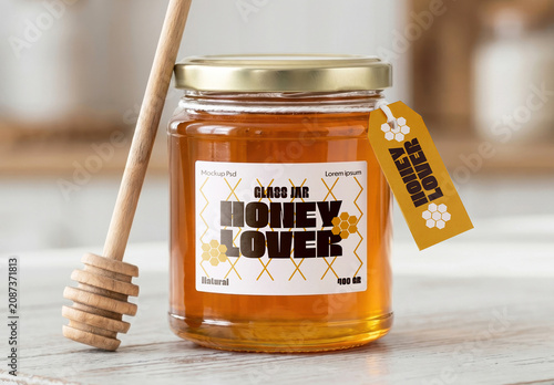 Honey Glass Jar Label Mockup with Wooden Dipper