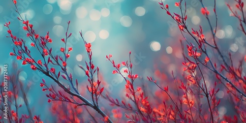 Branches bloom with vibrant red flowers.