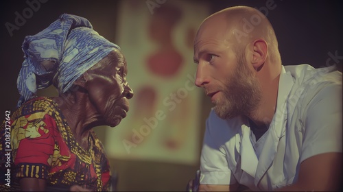 Doctor talks to an elderly woman in a clinic.