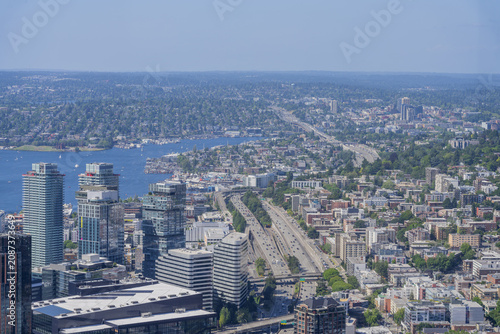 Seattle cityscape with highway and Lake Union