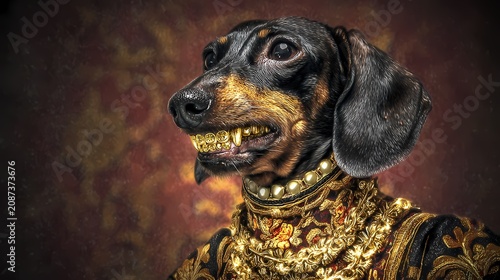 Dachshund dog wears a fancy gold ornate collar.